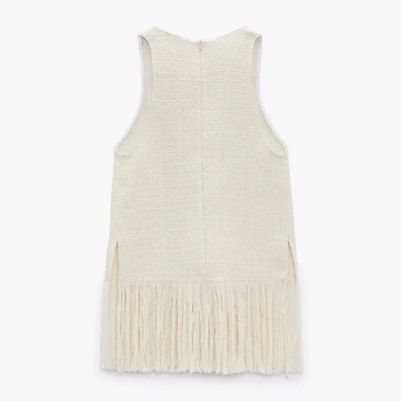 ZARA Ecru Cream Fringed Textured Weave Sleeveless Top Size XL Music Festival - Picture 5 of 12